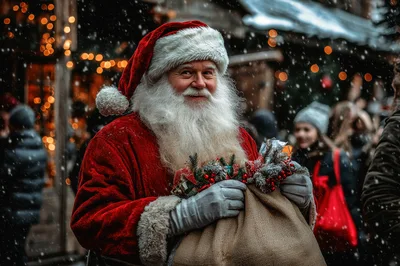 Santa Claus Holding A Gift Sack At Christmas Market