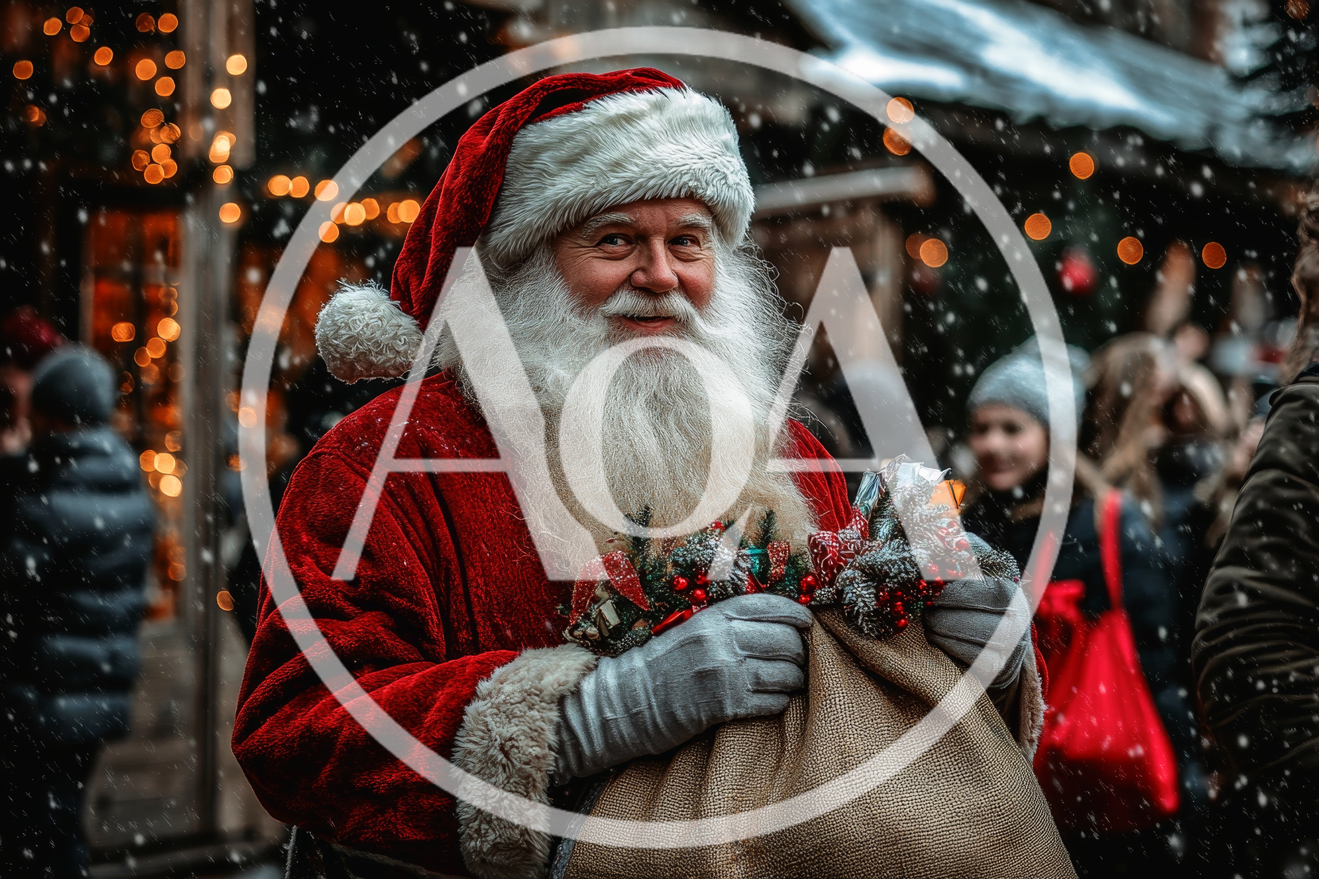 Santa Claus Holding A Gift Sack At Christmas Market