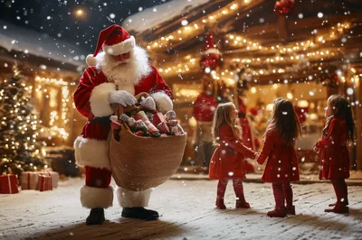 Santa Claus Giving Gifts To Children In Snowy Village