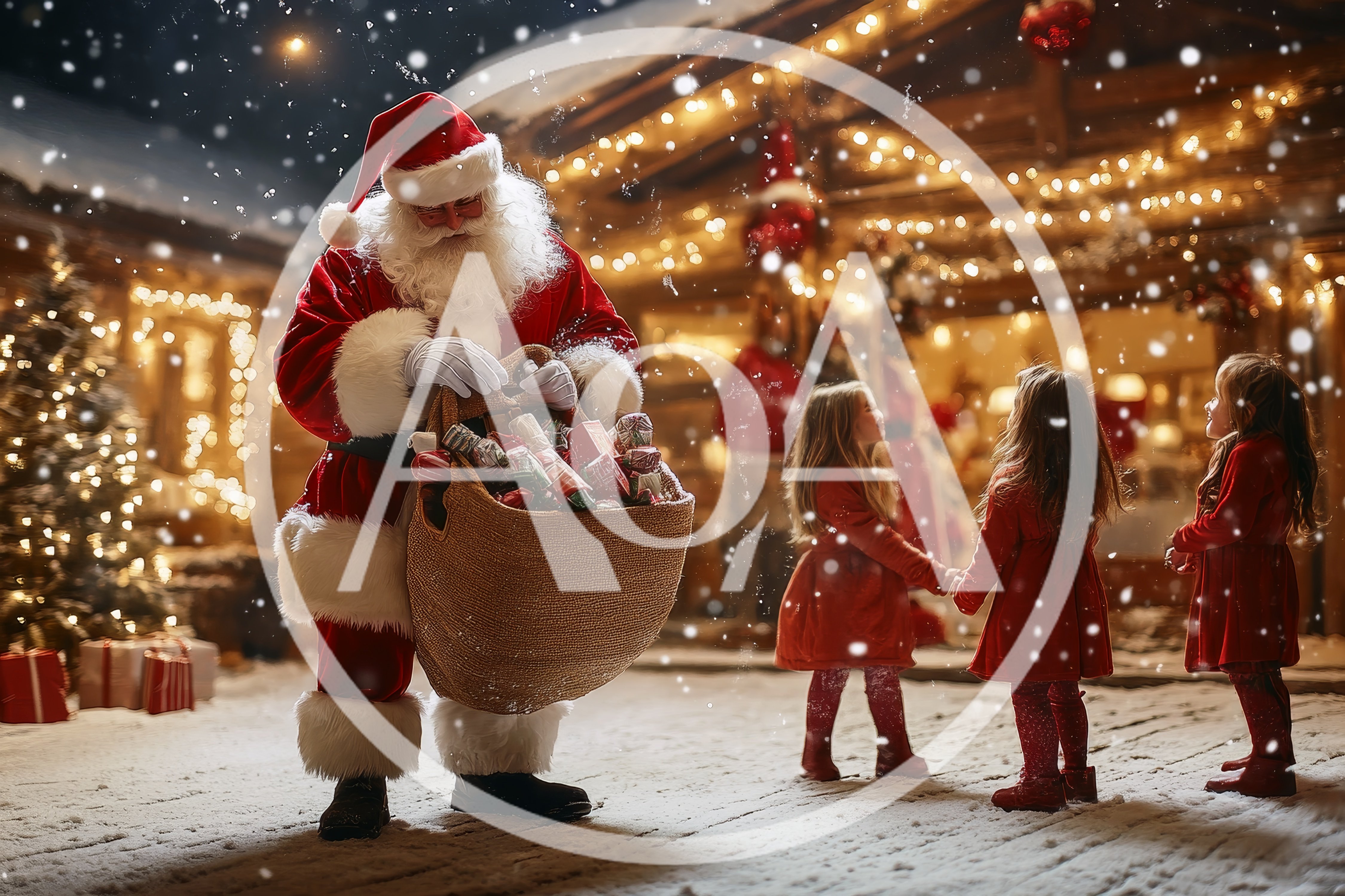 Santa Claus Giving Gifts To Children In Snowy Village