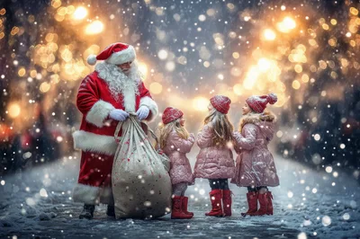 Santa Claus Giving Gifts To Three Young Girls