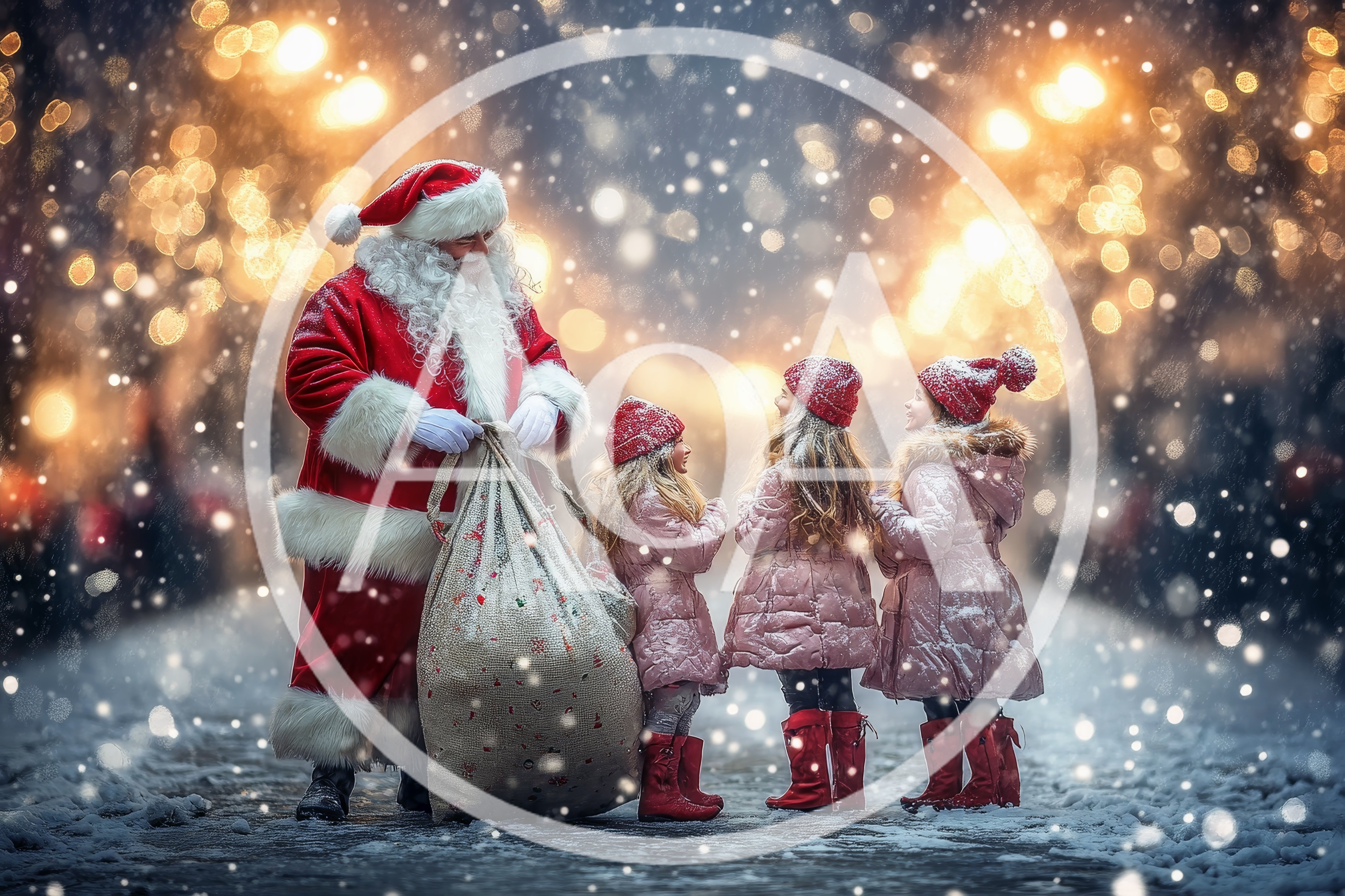 Santa Claus Giving Gifts To Three Young Girls