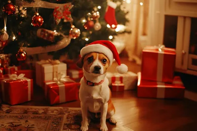 Small Dog Wearing Santa Hat Sitting By Christmas Tree