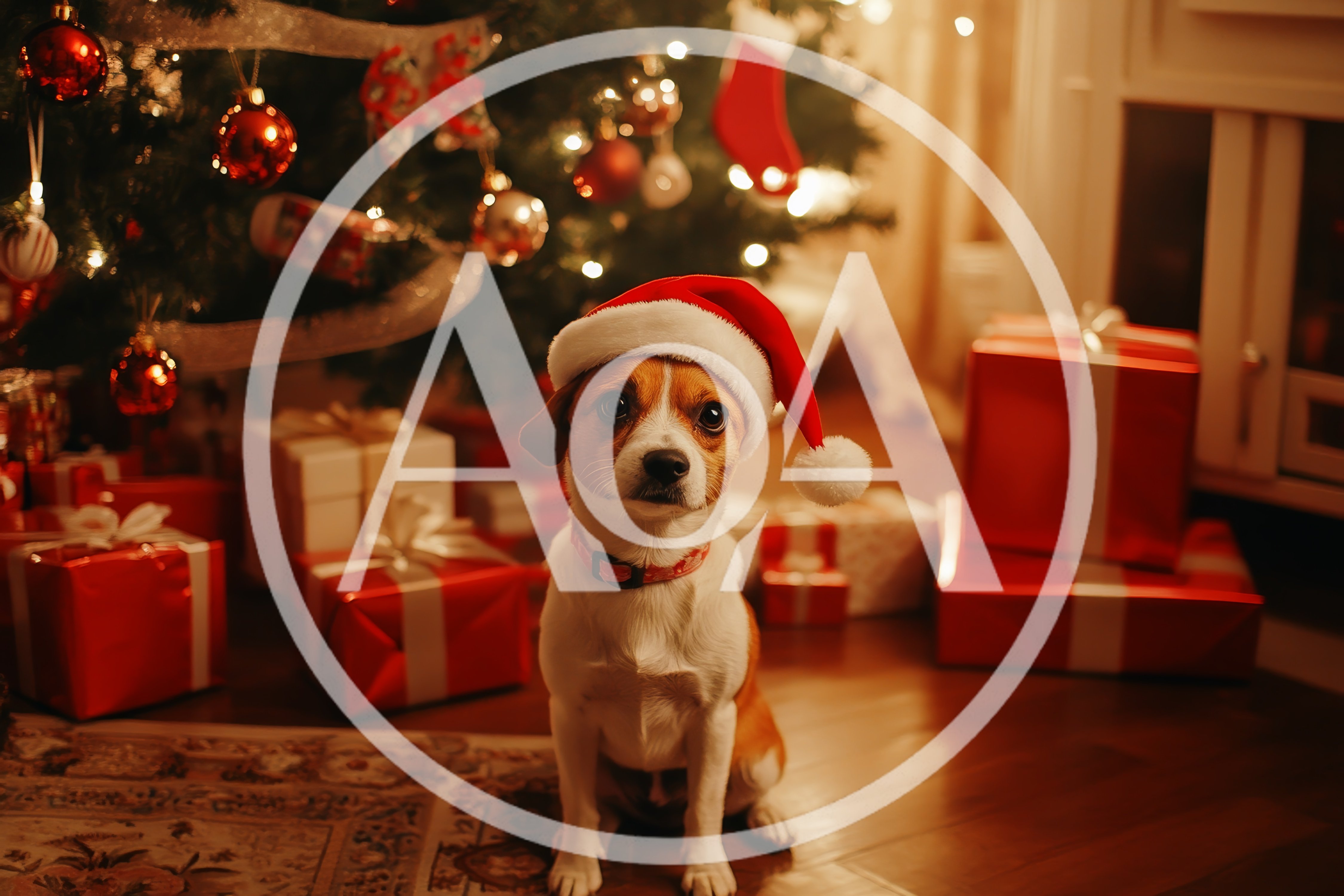 Small Dog Wearing Santa Hat Sitting By Christmas Tree