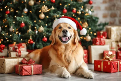 Golden Retriever Wearing Santa Hat Beside Christmas Tree