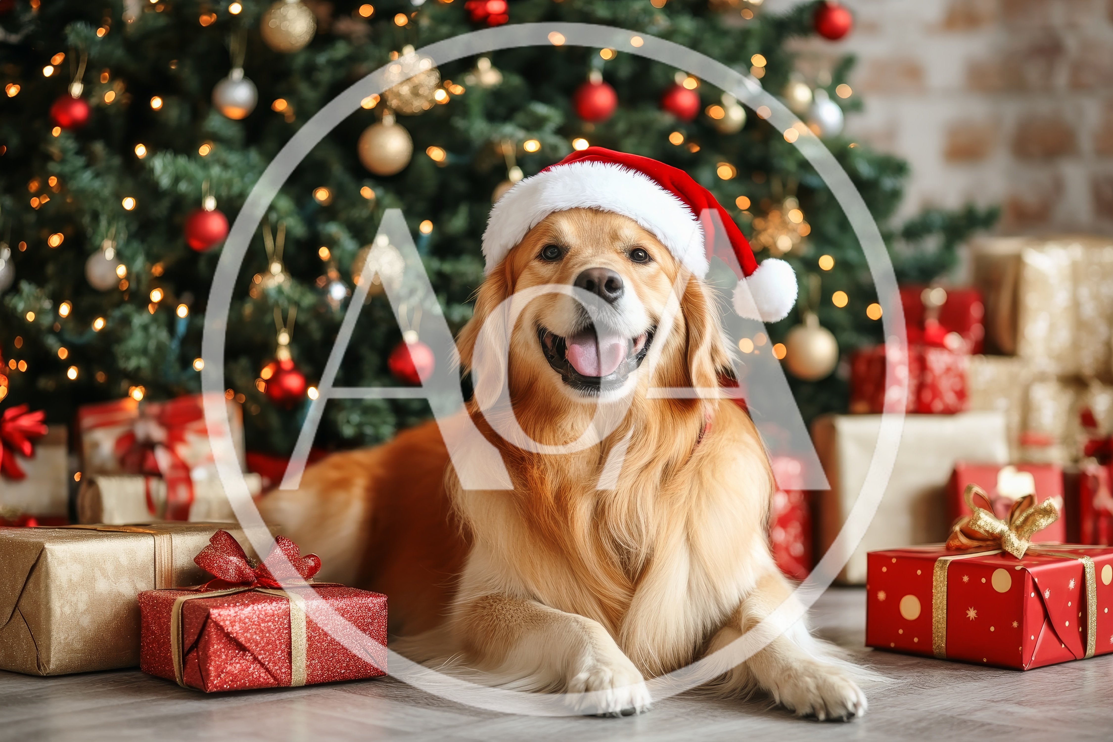 Golden Retriever Wearing Santa Hat Beside Christmas Tree
