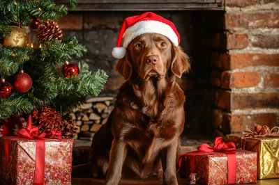 Chocolate Labrador Retriever Wearing Santa Hat By Christmas Tree