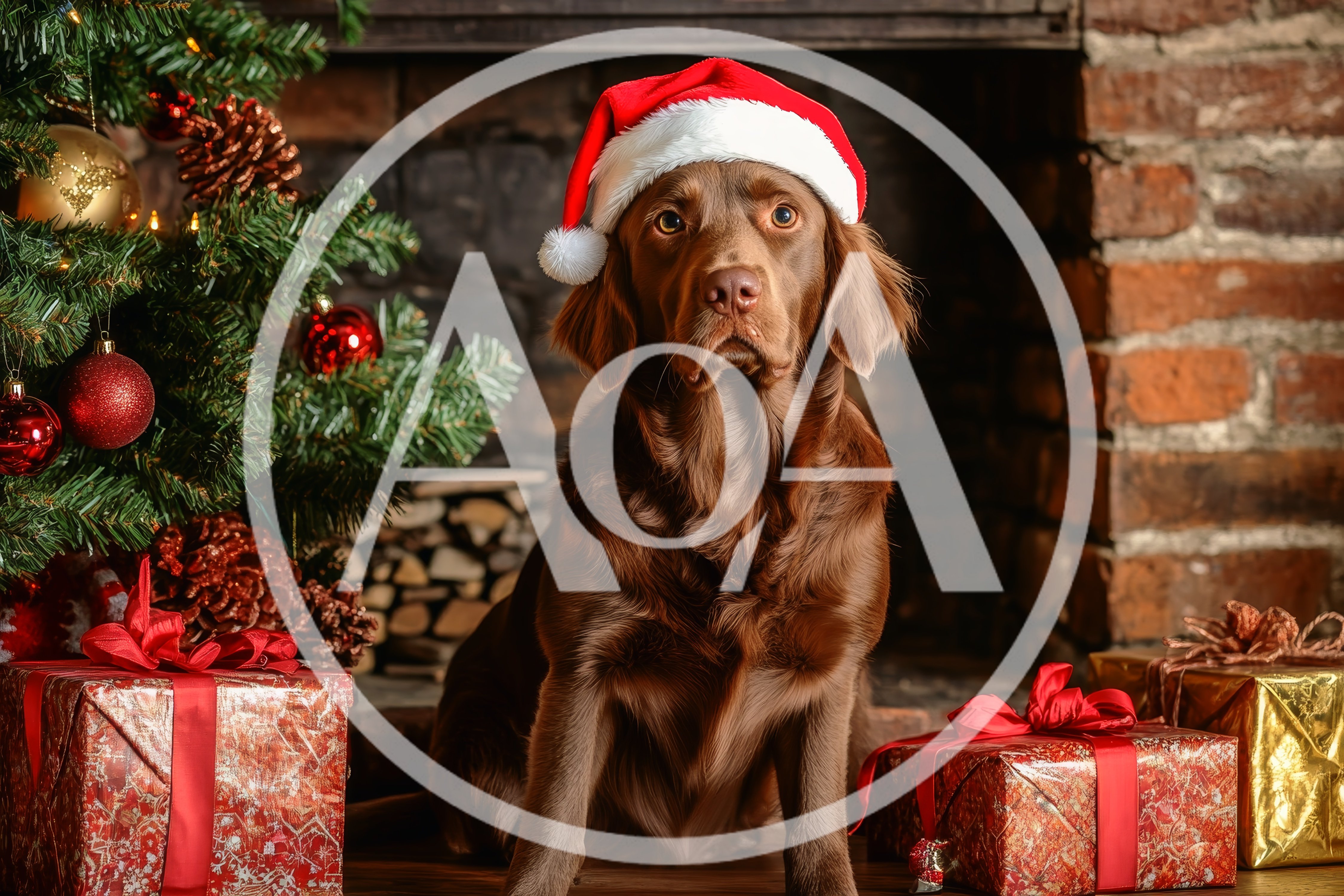 Chocolate Labrador Retriever Wearing Santa Hat By Christmas Tree