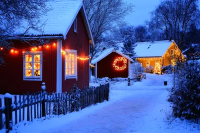 Cozy Red And Yellow Cottages Decorated For Christmas
