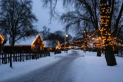 Winter Evening Scene With Illuminated Wooden Cottages