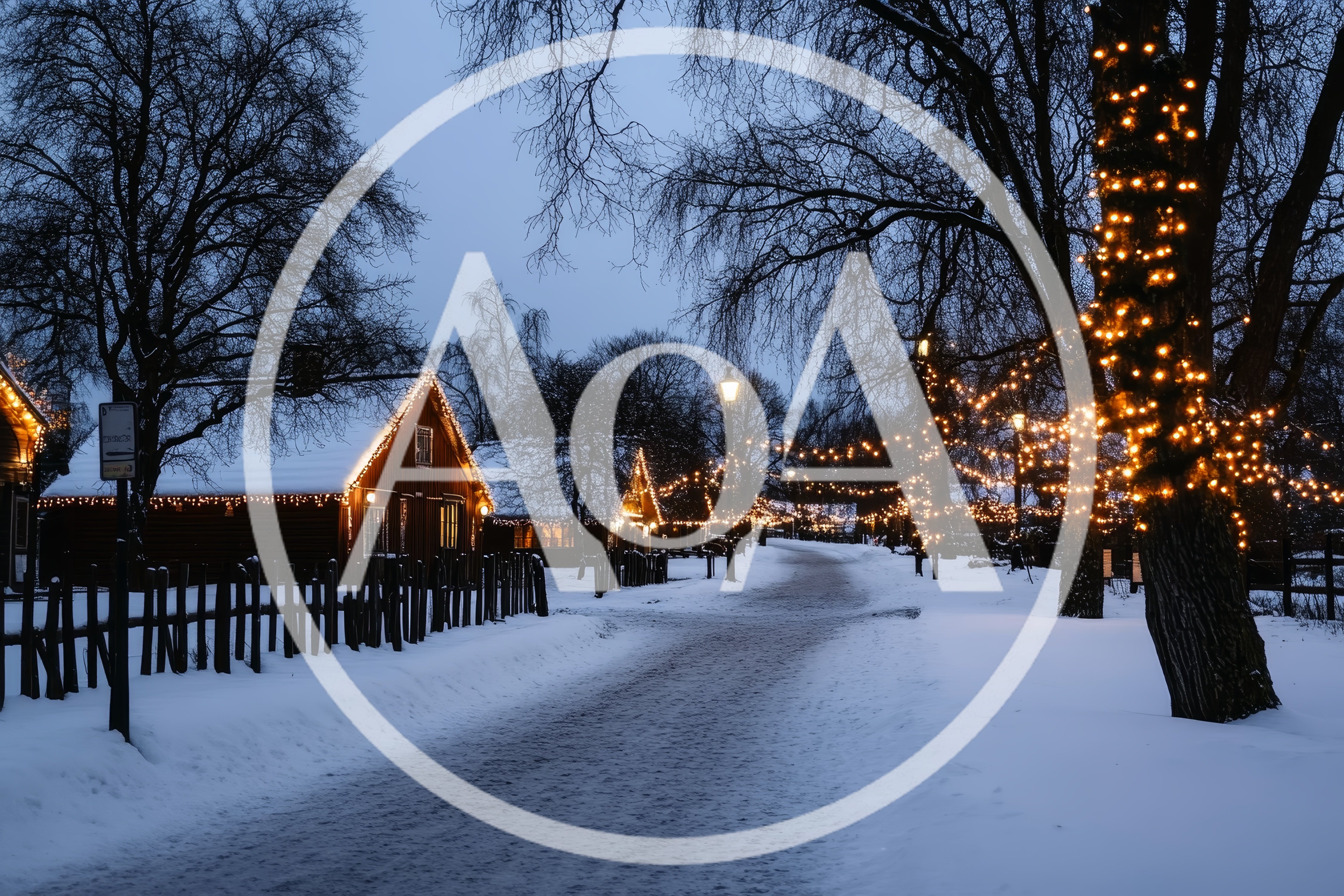Winter Evening Scene With Illuminated Wooden Cottages