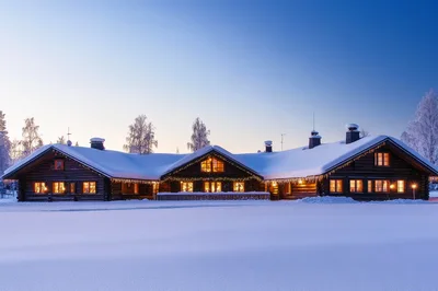 Cozy Log Cabin Resort Covered In Deep Winter Snow