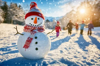 Cheerful Snowman Standing In A Sunny Winter Landscape