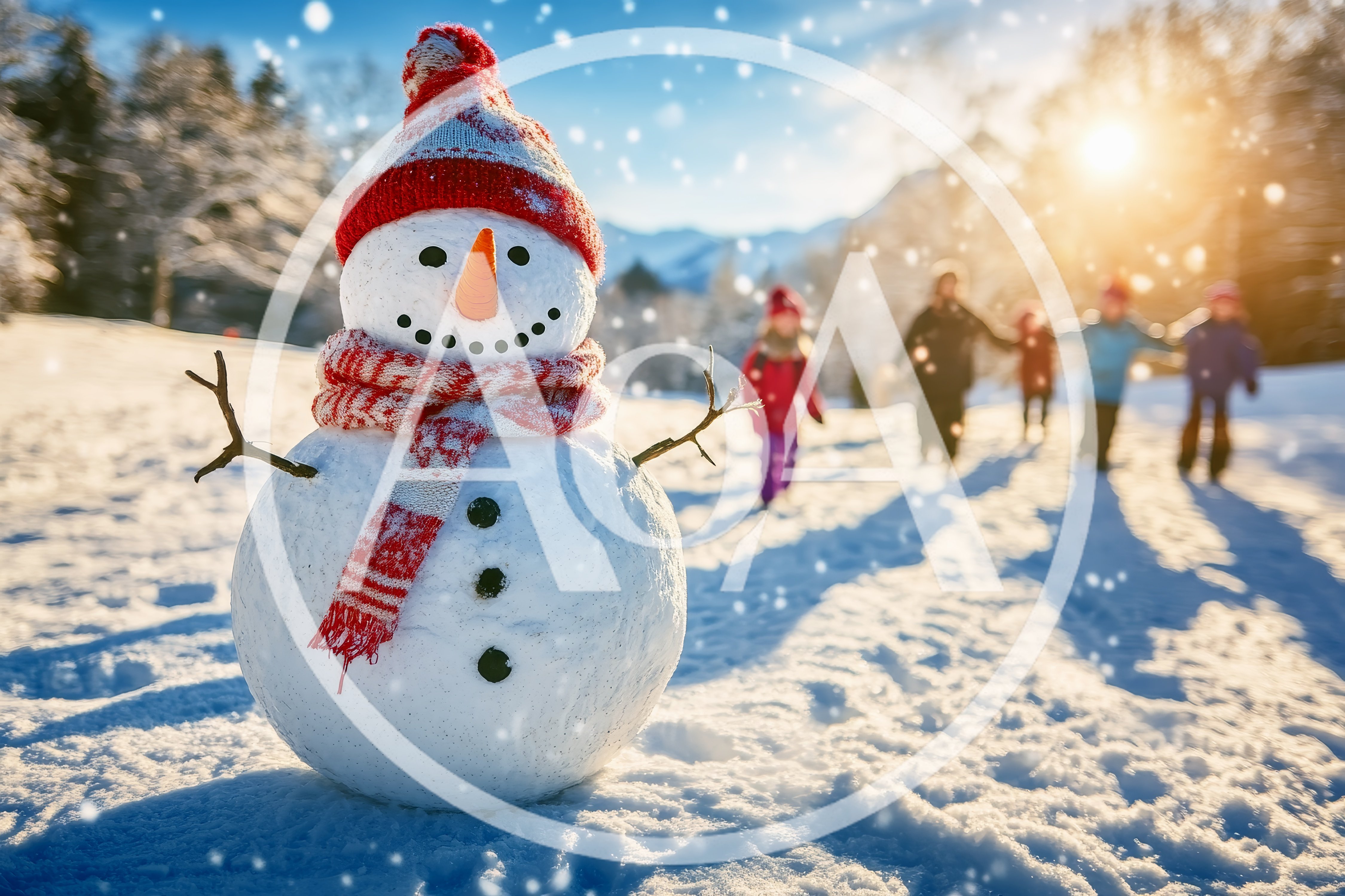 Cheerful Snowman Standing In A Sunny Winter Landscape