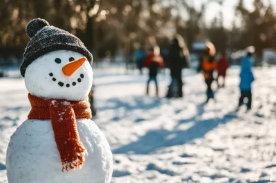Snowman Wearing A Hat And Scarf In A Park