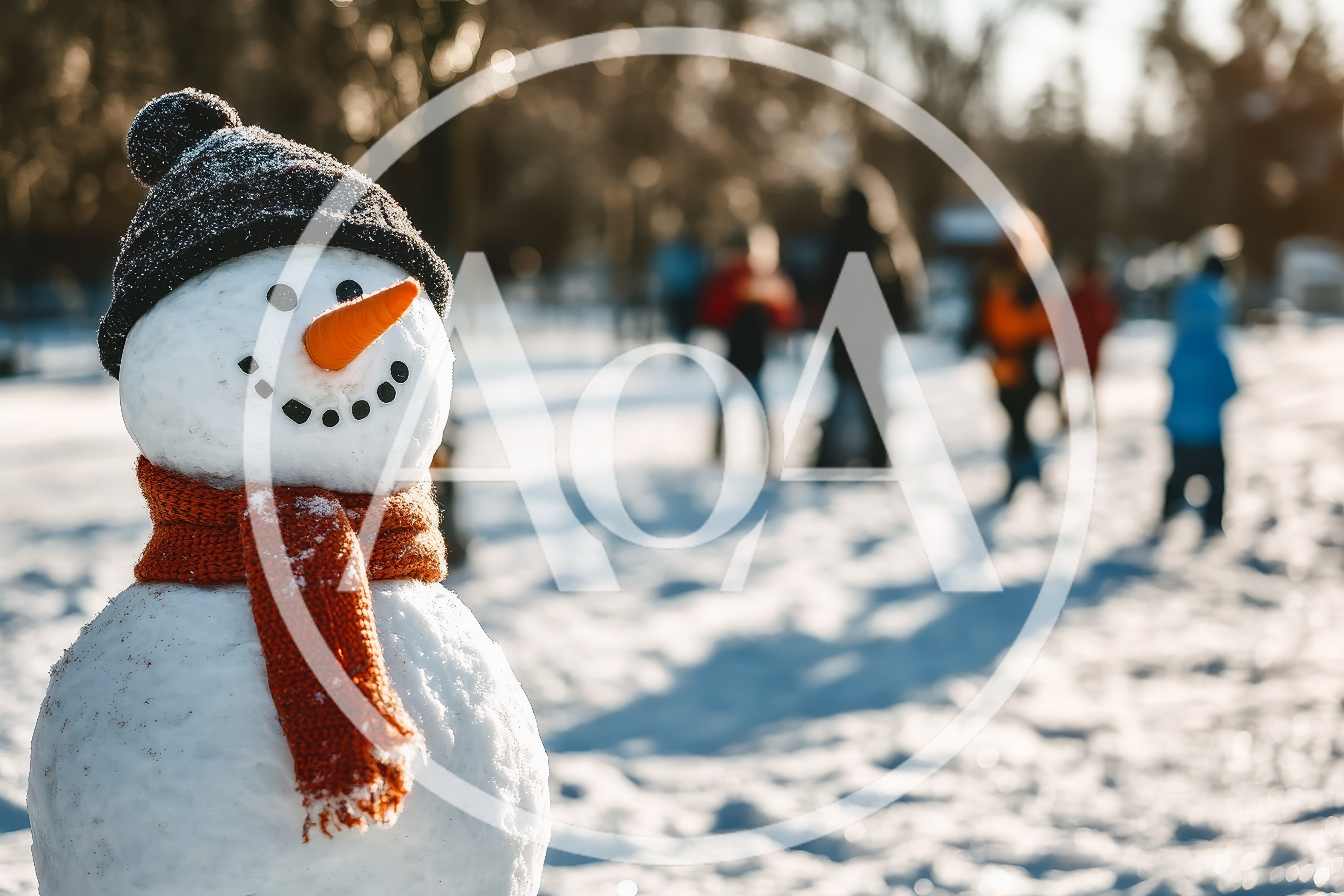 Snowman Wearing A Hat And Scarf In A Park