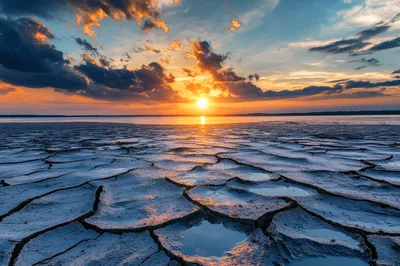 Cracked Dry Earth Landscape Under Dramatic Sunset Sky