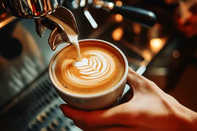Barista Pouring Steamed Milk Into A Latte