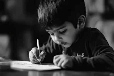 Young Boy Concentrating While Drawing On Paper
