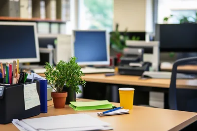 Office Desk With Stationery And Potted Plant