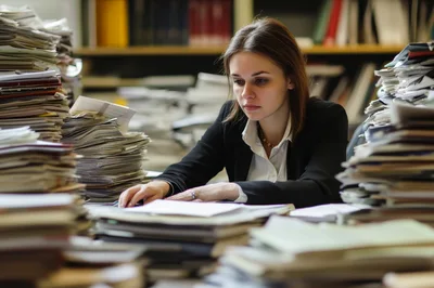 Stressed Businesswoman Working With Large Stacks Of Paperwork