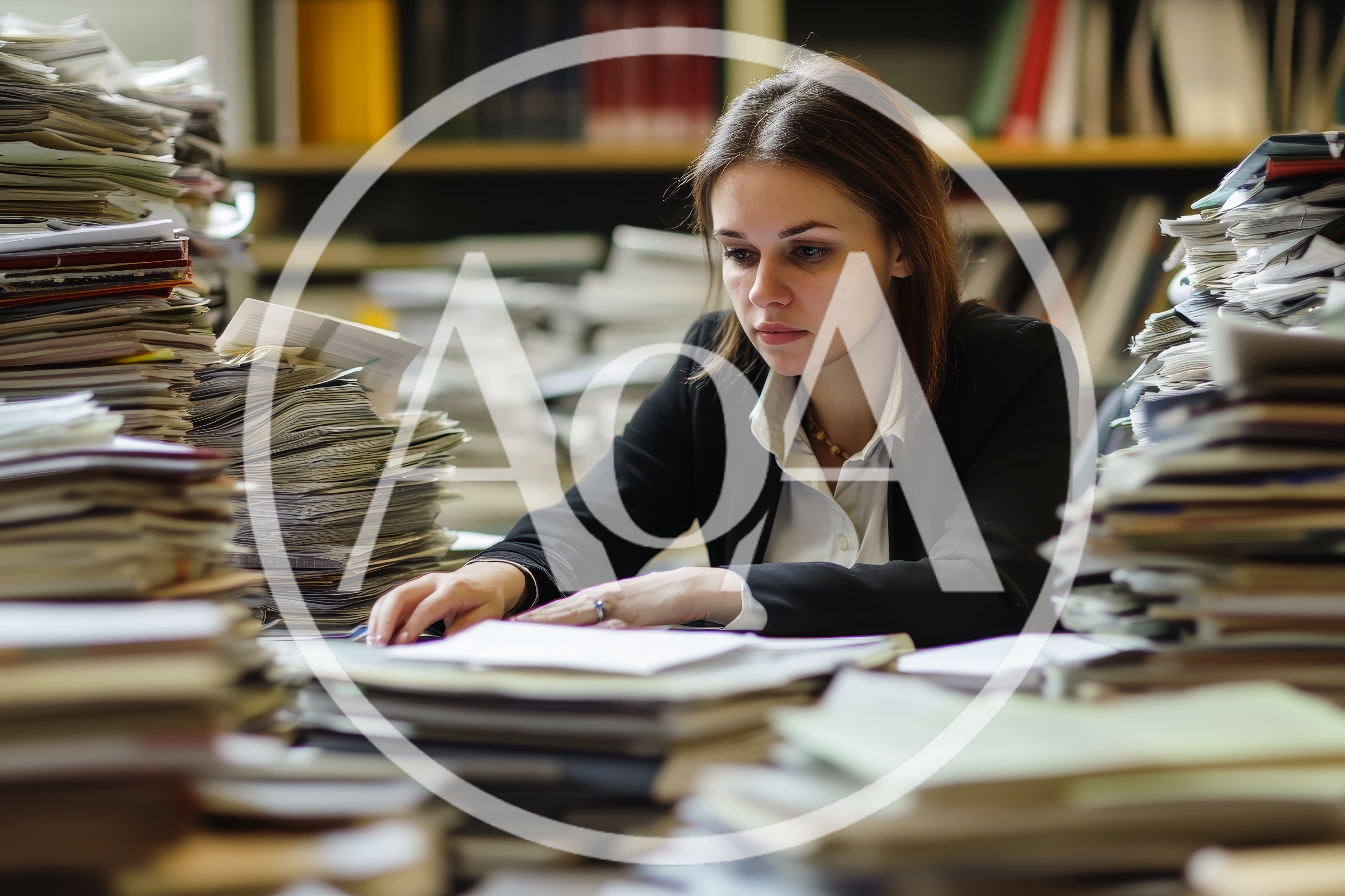 Stressed Businesswoman Working With Large Stacks Of Paperwork