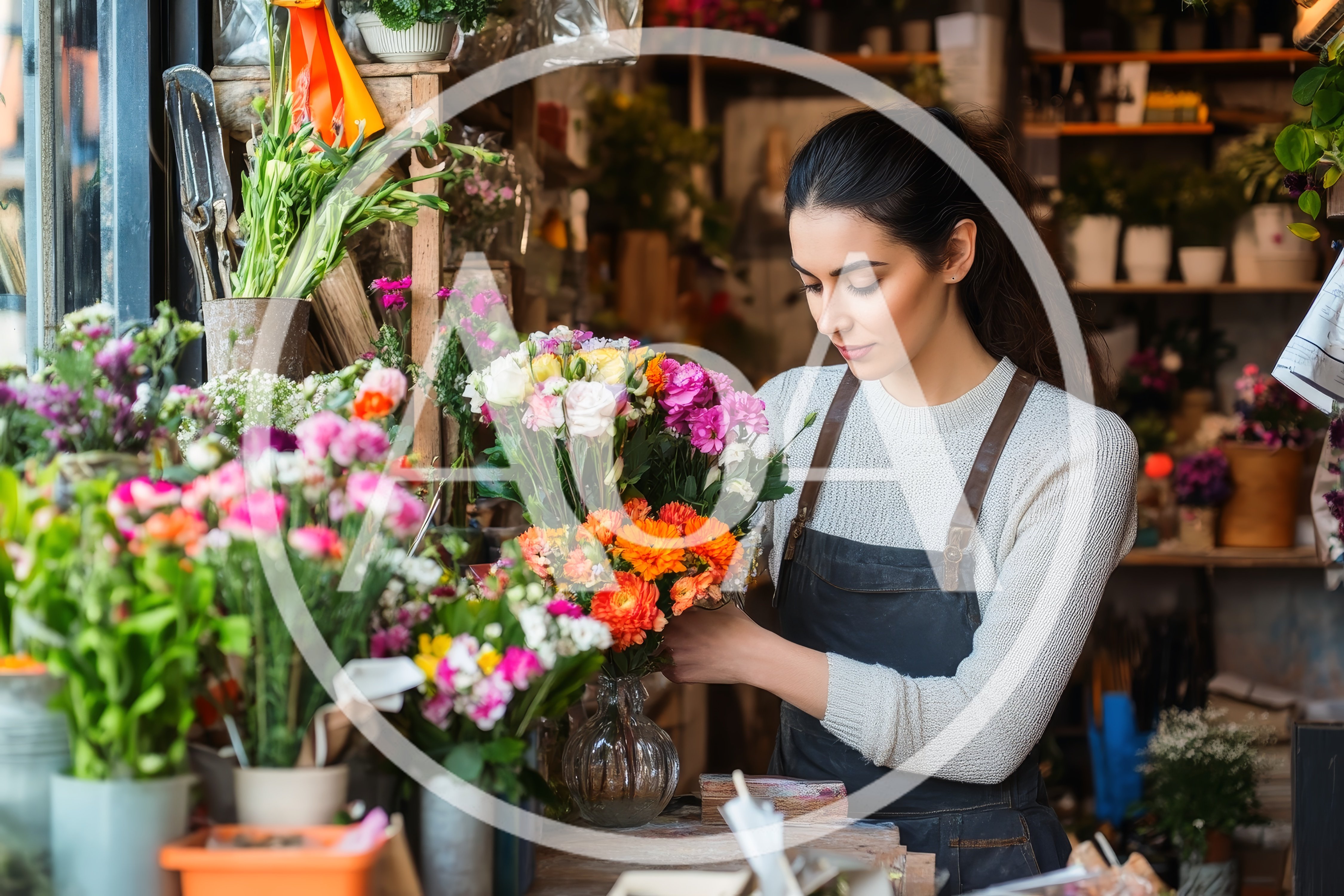Professional Florist Arranging Flowers In A Boutique Shop
