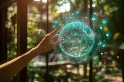 Hand Interacting With A Digital Global Network Hologram