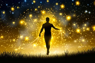 Silhouette Of A Human Figure Floating Amidst Golden Stars