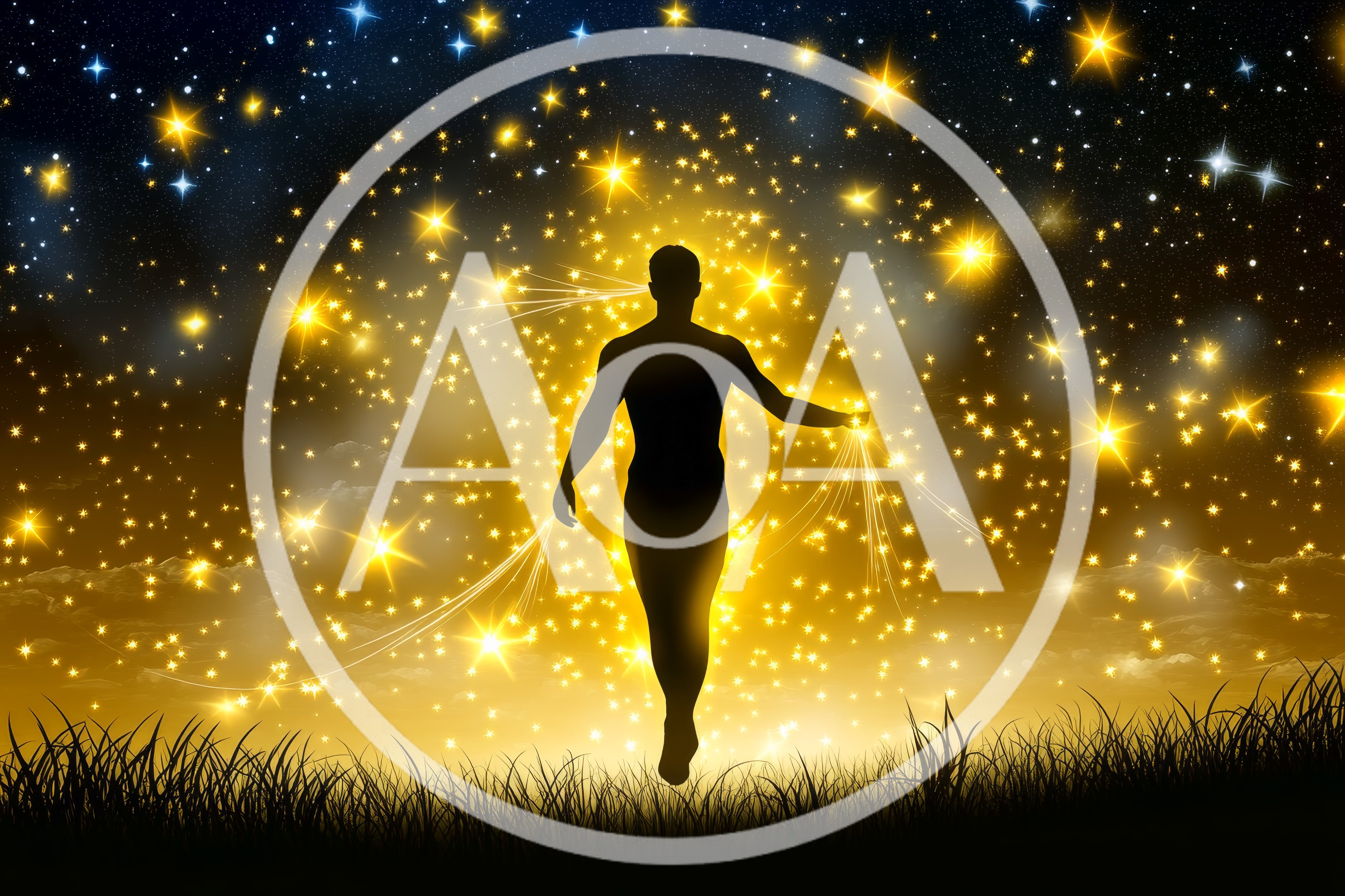 Silhouette Of A Human Figure Floating Amidst Golden Stars