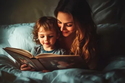 Mother Reading Bedtime Story To Young Child