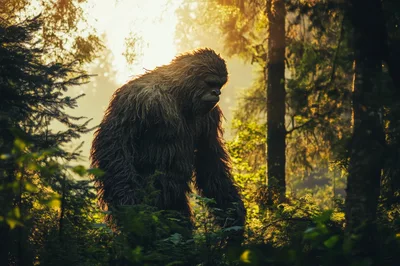 Bigfoot Walking Through A Dense Sunlit Forest