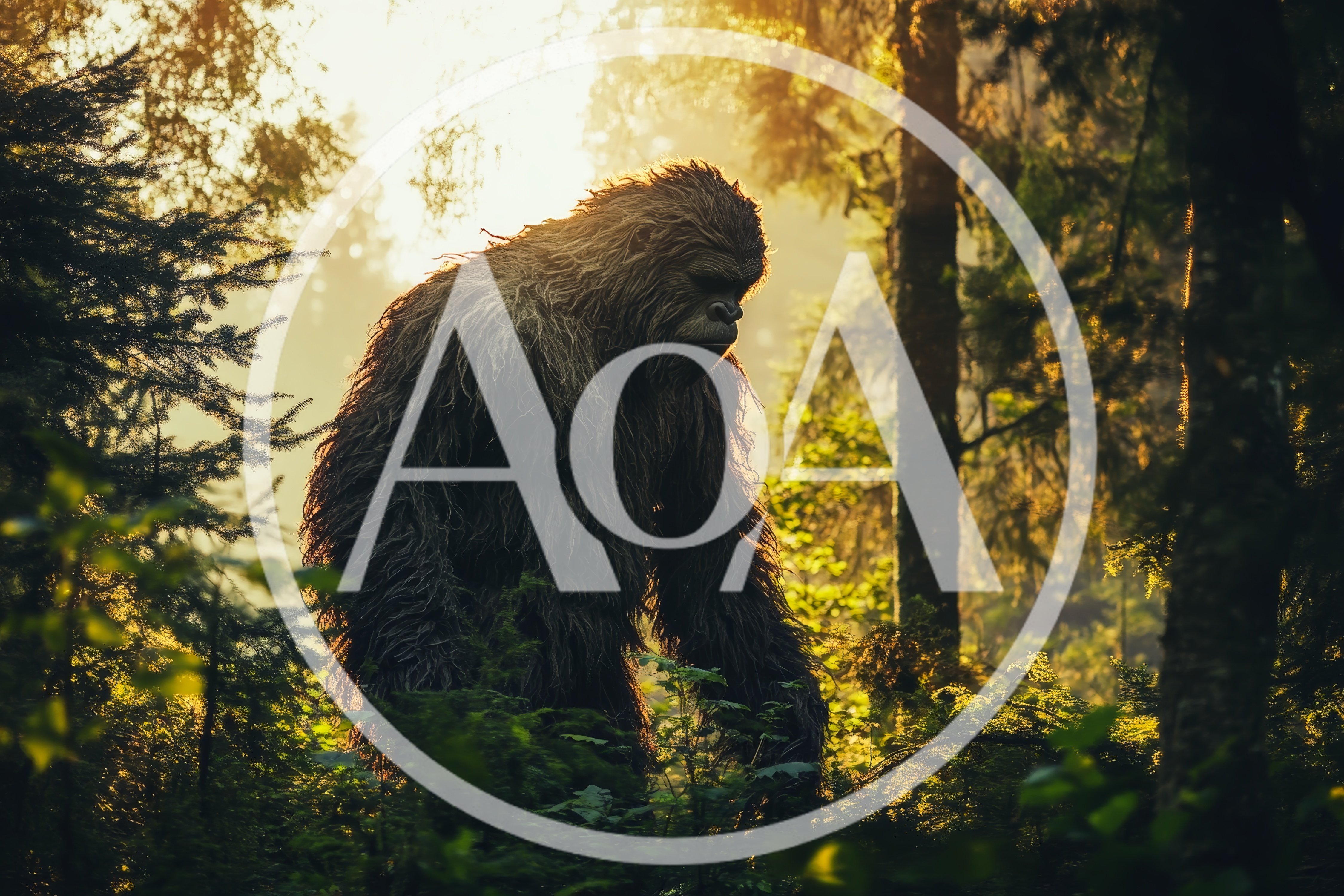 Bigfoot Walking Through A Dense Sunlit Forest