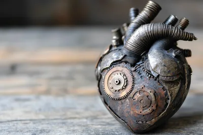 Steampunk Mechanical Heart Sculpture on Wooden Surface