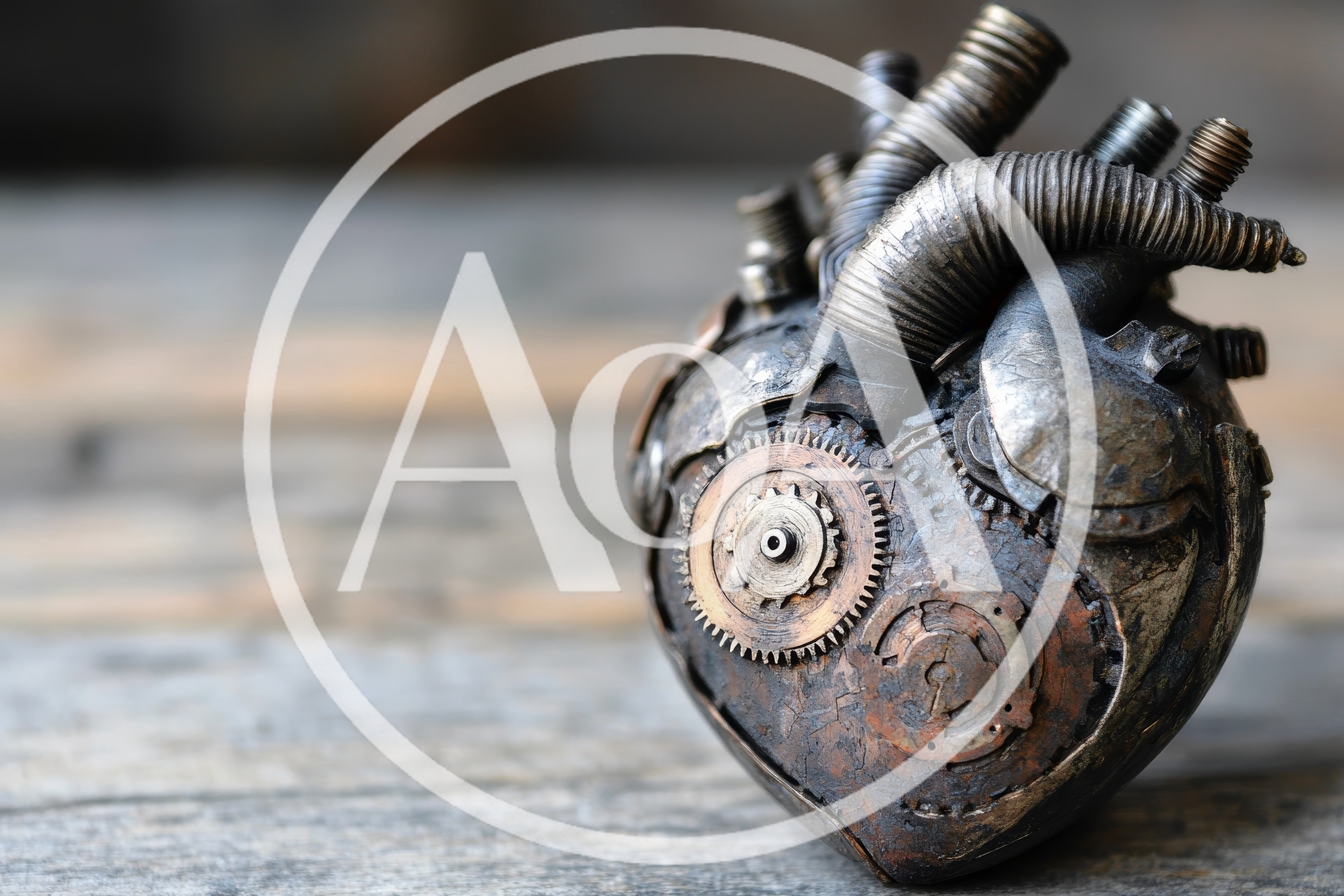 Steampunk Mechanical Heart Sculpture on Wooden Surface