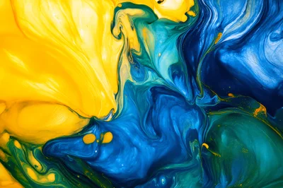 Abstract Fluid Acrylic Paint Swirls in Blue and Yellow