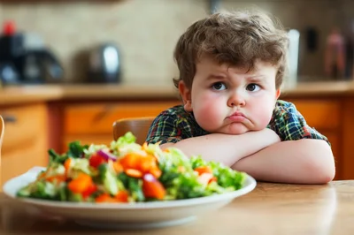 Unhappy Toddler Refusing To Eat A Healthy Salad