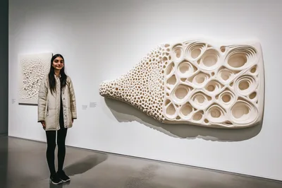 Young Woman Standing Beside Large Abstract Wall Sculpture