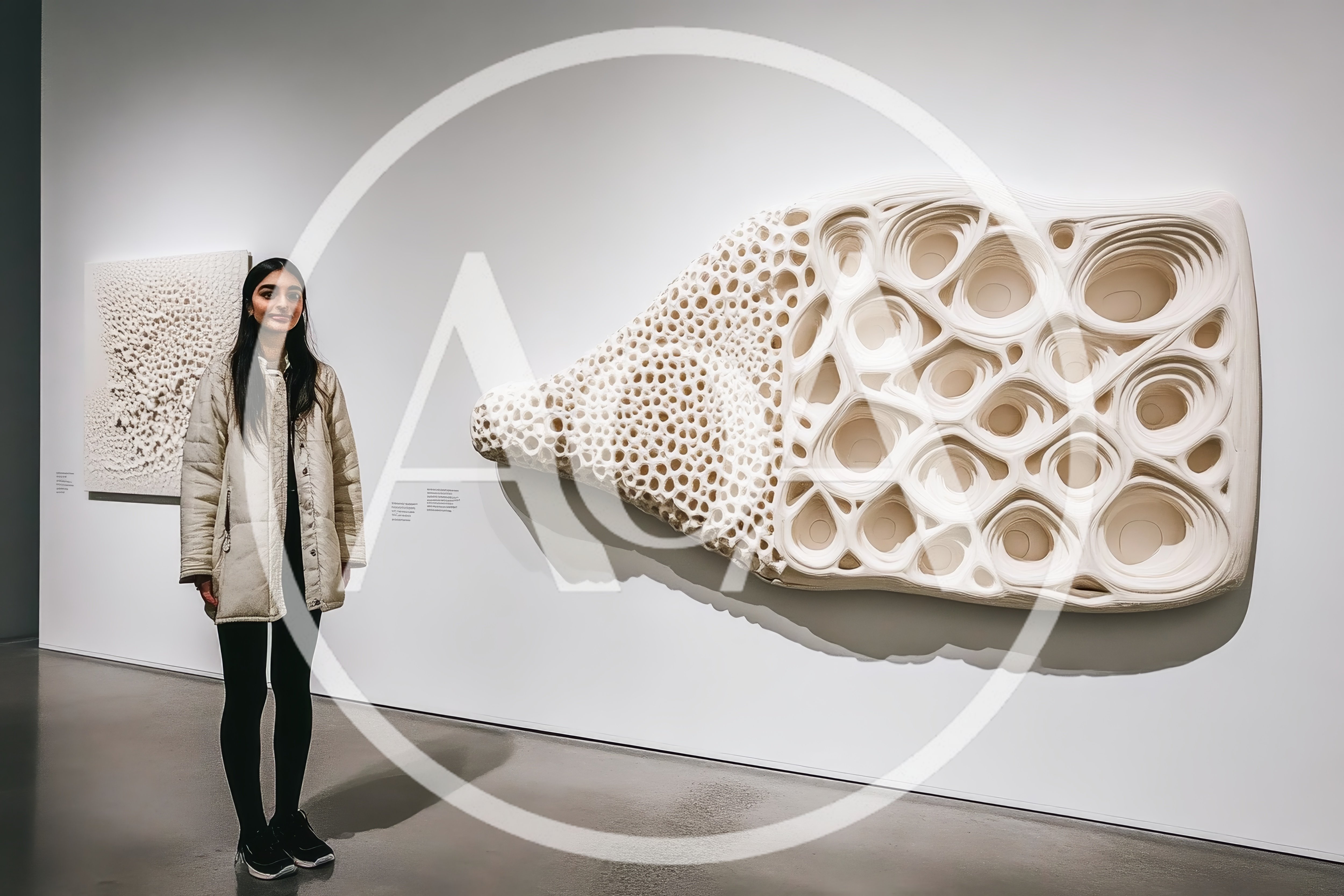 Young Woman Standing Beside Large Abstract Wall Sculpture