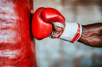 Muscular Boxer Punching A Heavy Red Training Bag