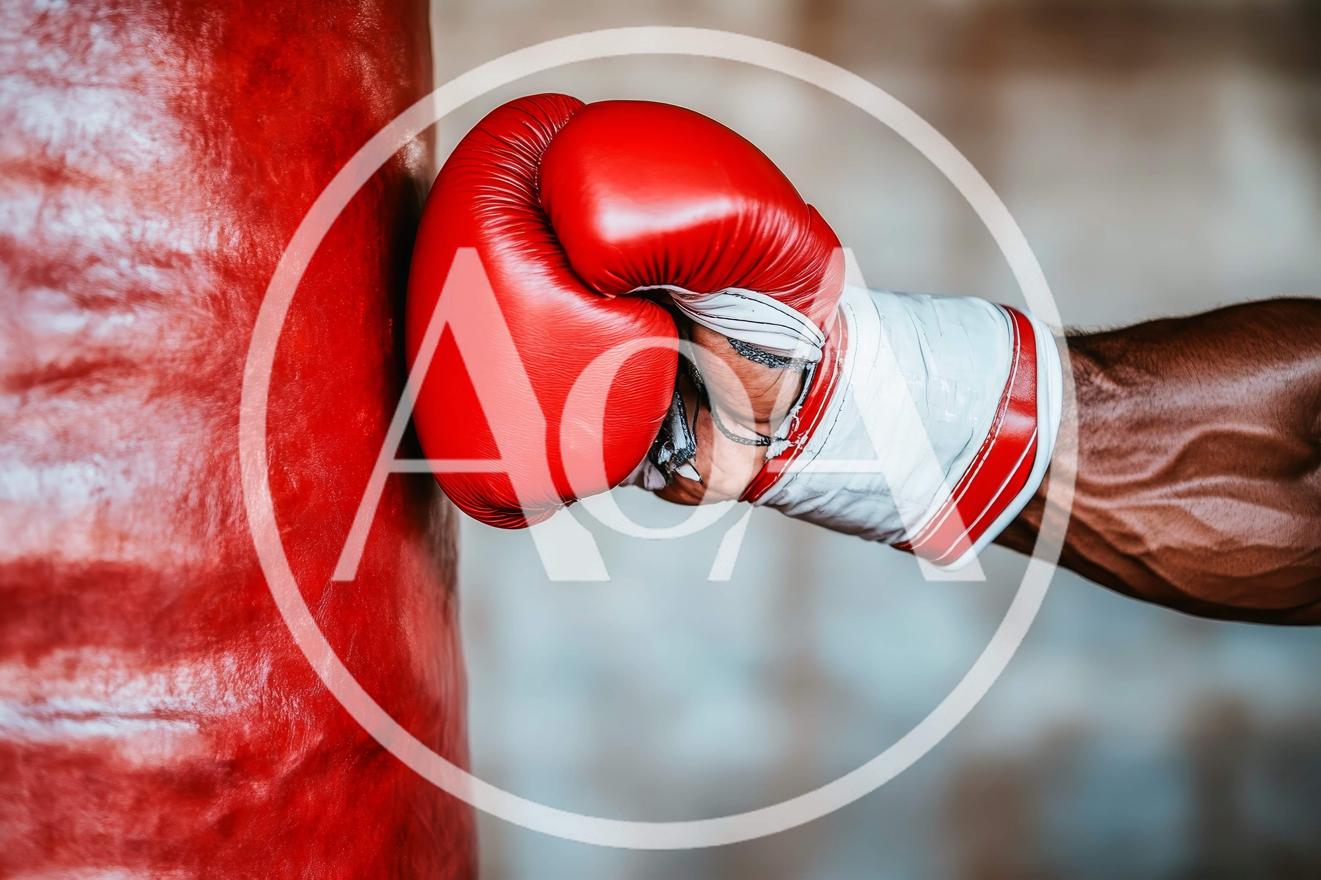 Muscular Boxer Punching A Heavy Red Training Bag