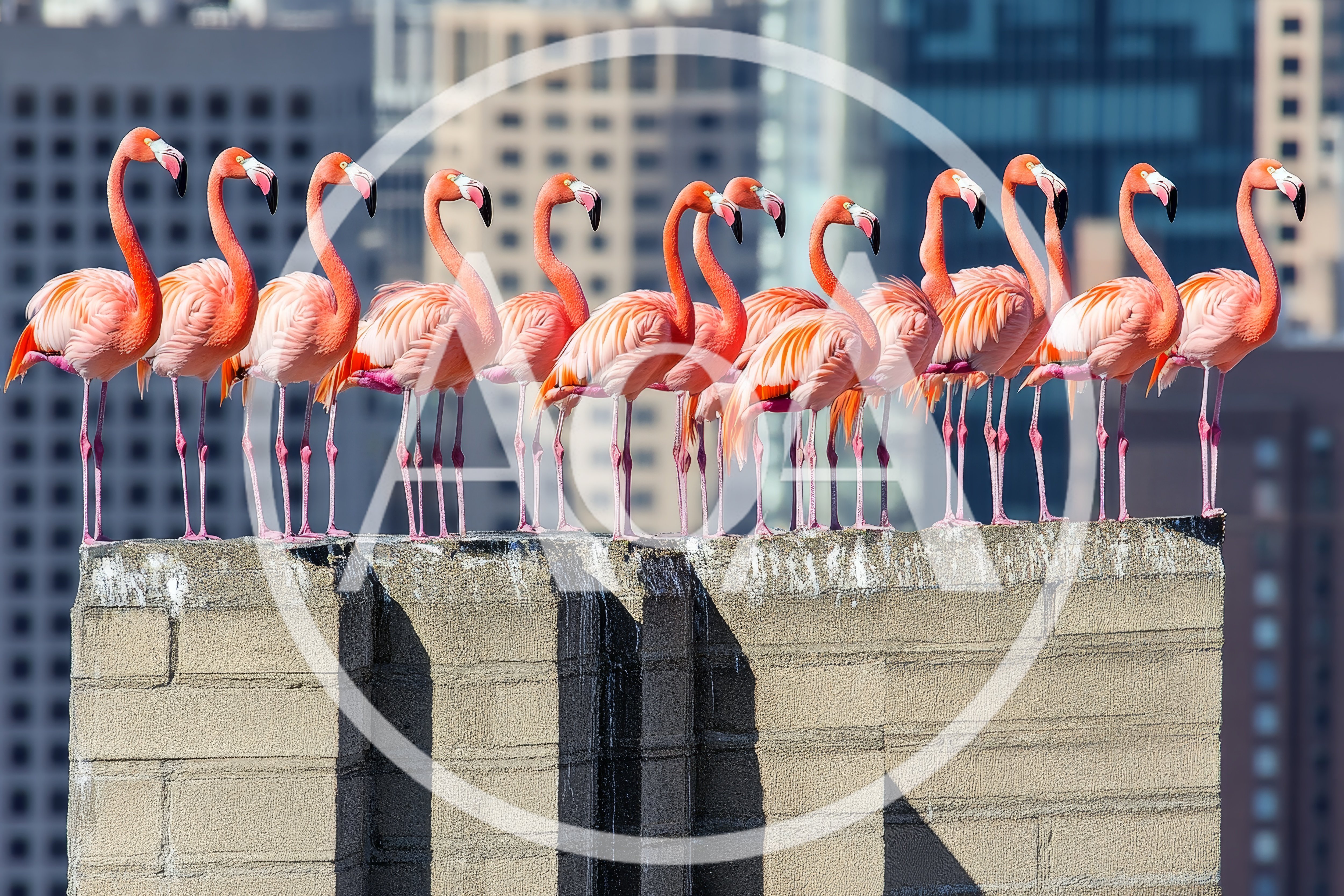 Group Of Flamingos Standing On A City Rooftop