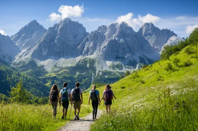 Group Of Hikers Walking On Mountain Trail