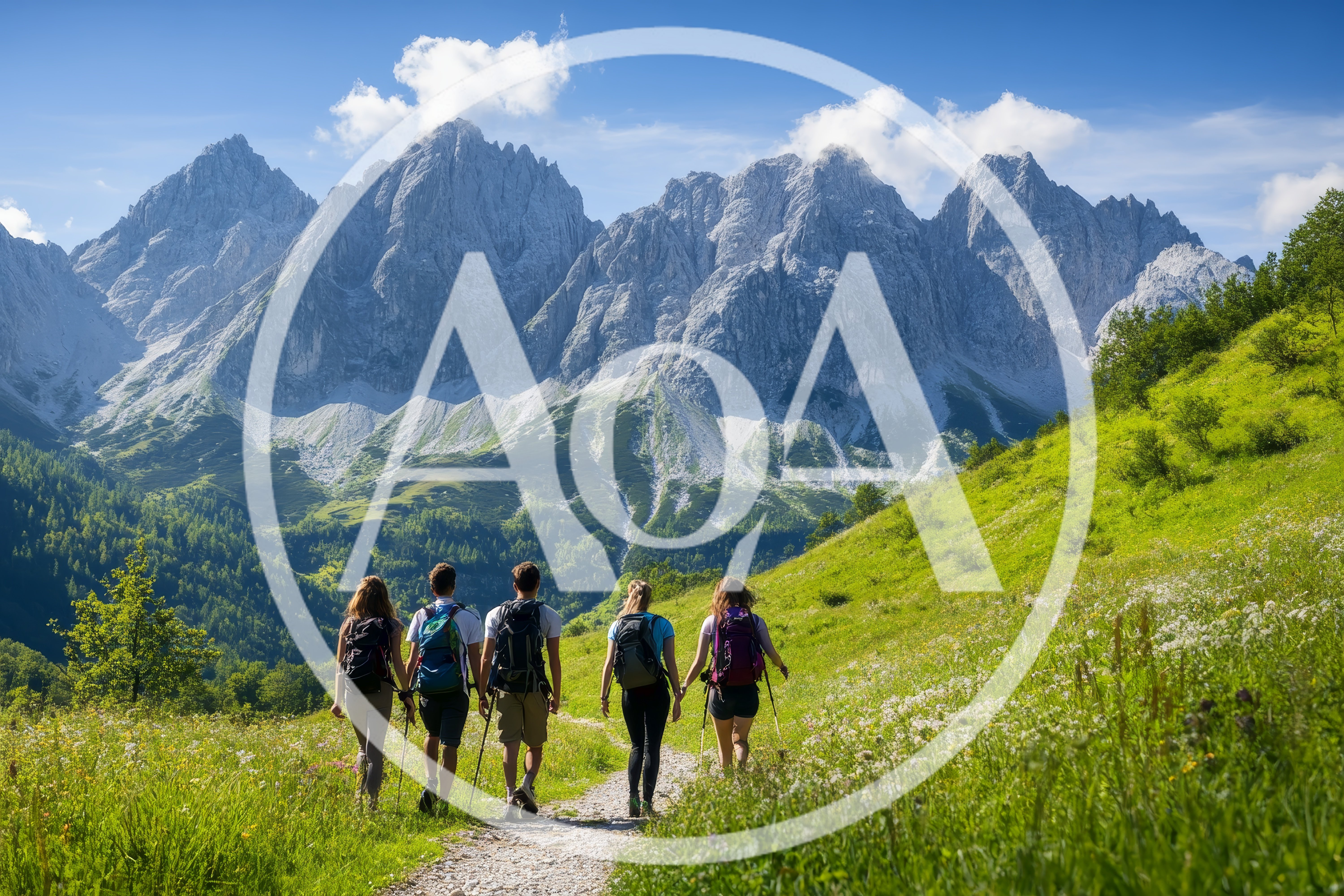 Group Of Hikers Walking On Mountain Trail