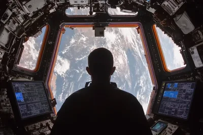 Astronaut Looking Out Of International Space Station Cupola Window