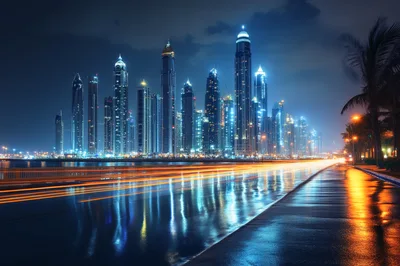 Dubai Marina Skyline Night Cityscape With Light Trails
