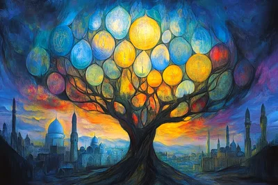 Surreal Tree With Glowing Orbs Over Ancient Cityscape