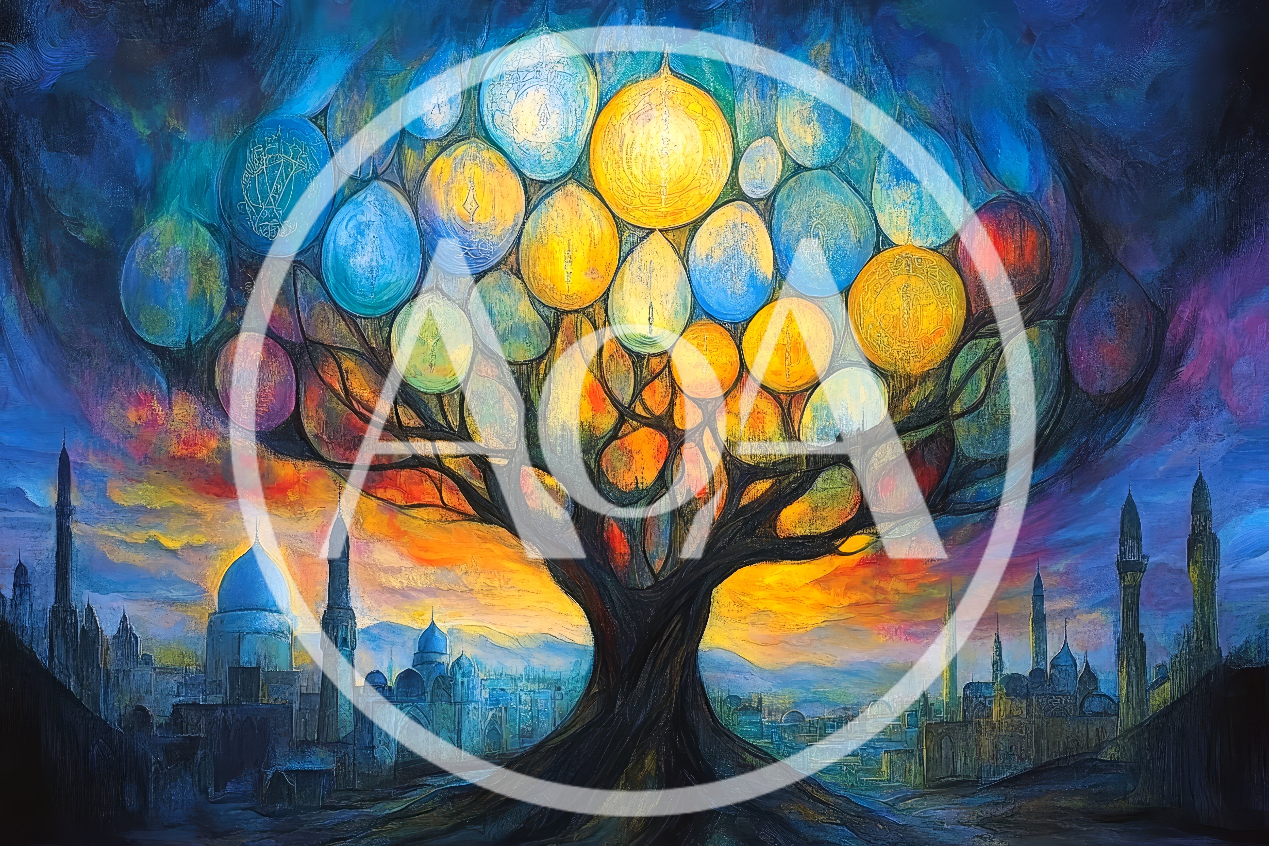 Surreal Tree With Glowing Orbs Over Ancient Cityscape