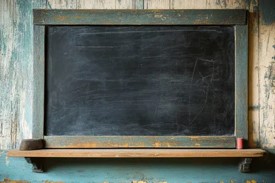 Vintage Chalkboard With Eraser And Chalk On Wooden Shelf