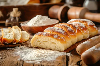 Freshly Baked Braided Bread Loaf on Rustic Wooden Table